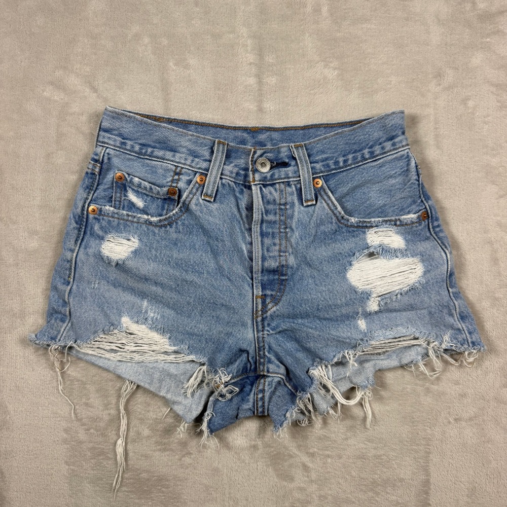 Levis 501 High Rise Cut Off Jean Shorts Womens W24 Light Wash Distressed Denim
